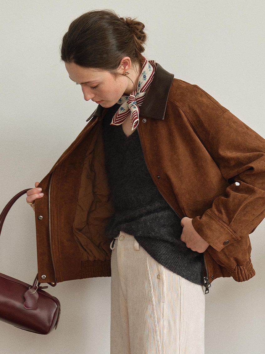 Lou Contrast-Collar Faux-Suede Zip Barn Jacket