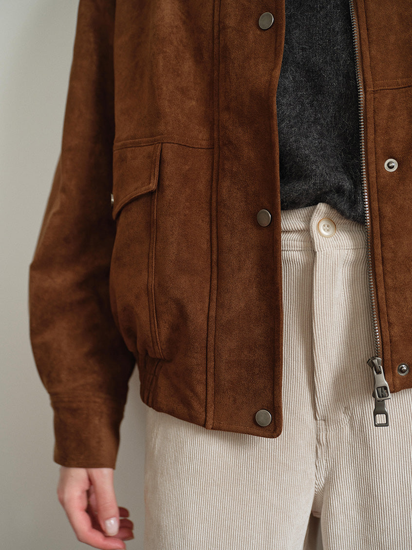 Lou Contrast-Collar Faux-Suede Zip Barn Jacket