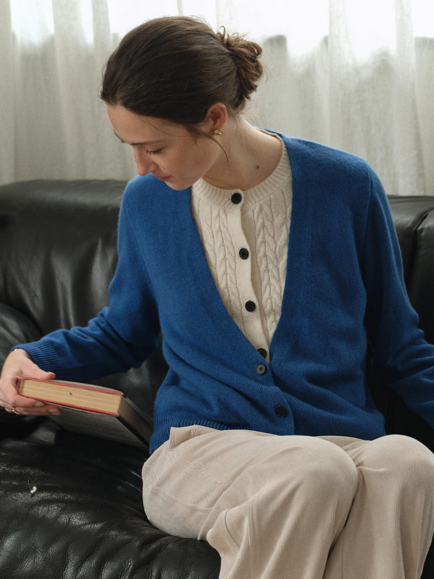 Ainhoa 100%Wool Drop Shoulder Versatile Cardigan Blue