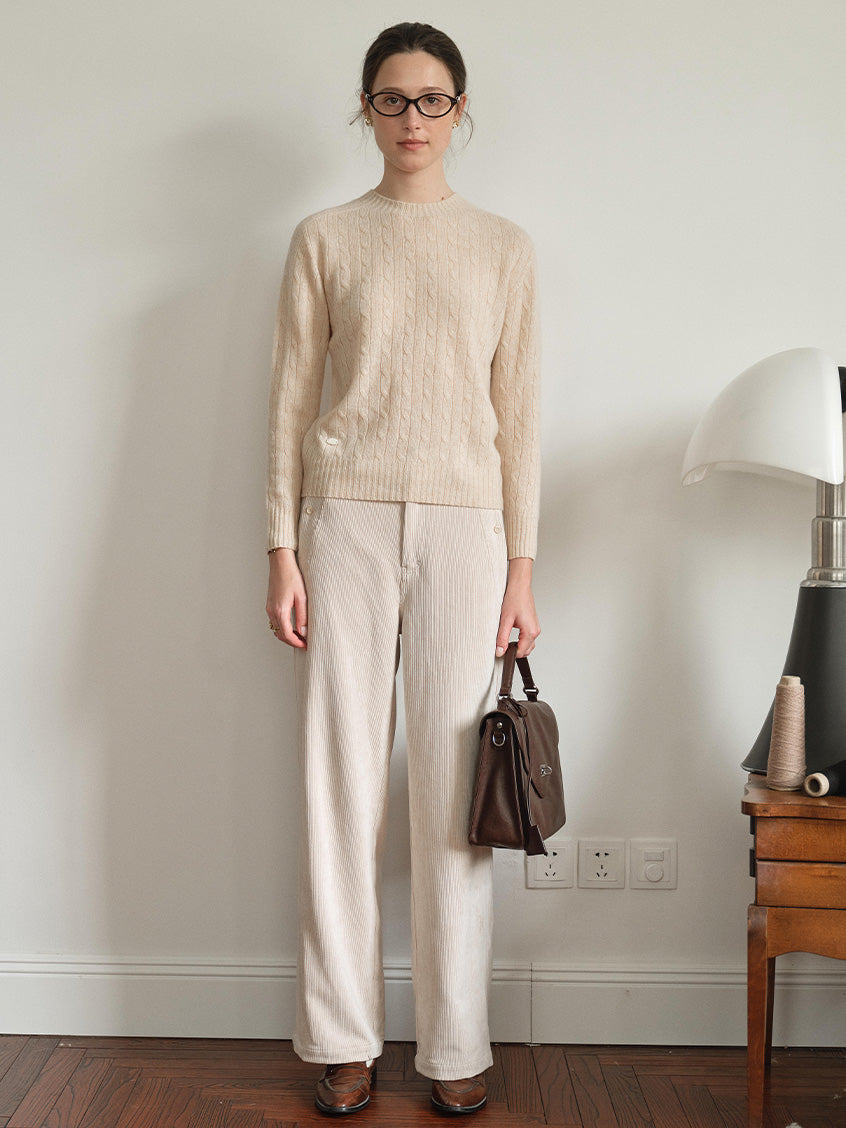 Shay Cable-Knit Lightweight Wool-Cashmere Sweater Beige