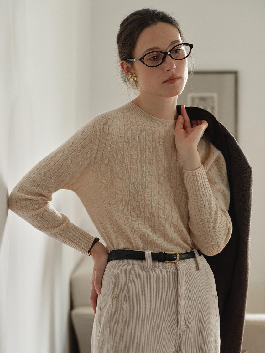 Shay Cable-Knit Lightweight Wool-Cashmere Sweater Beige
