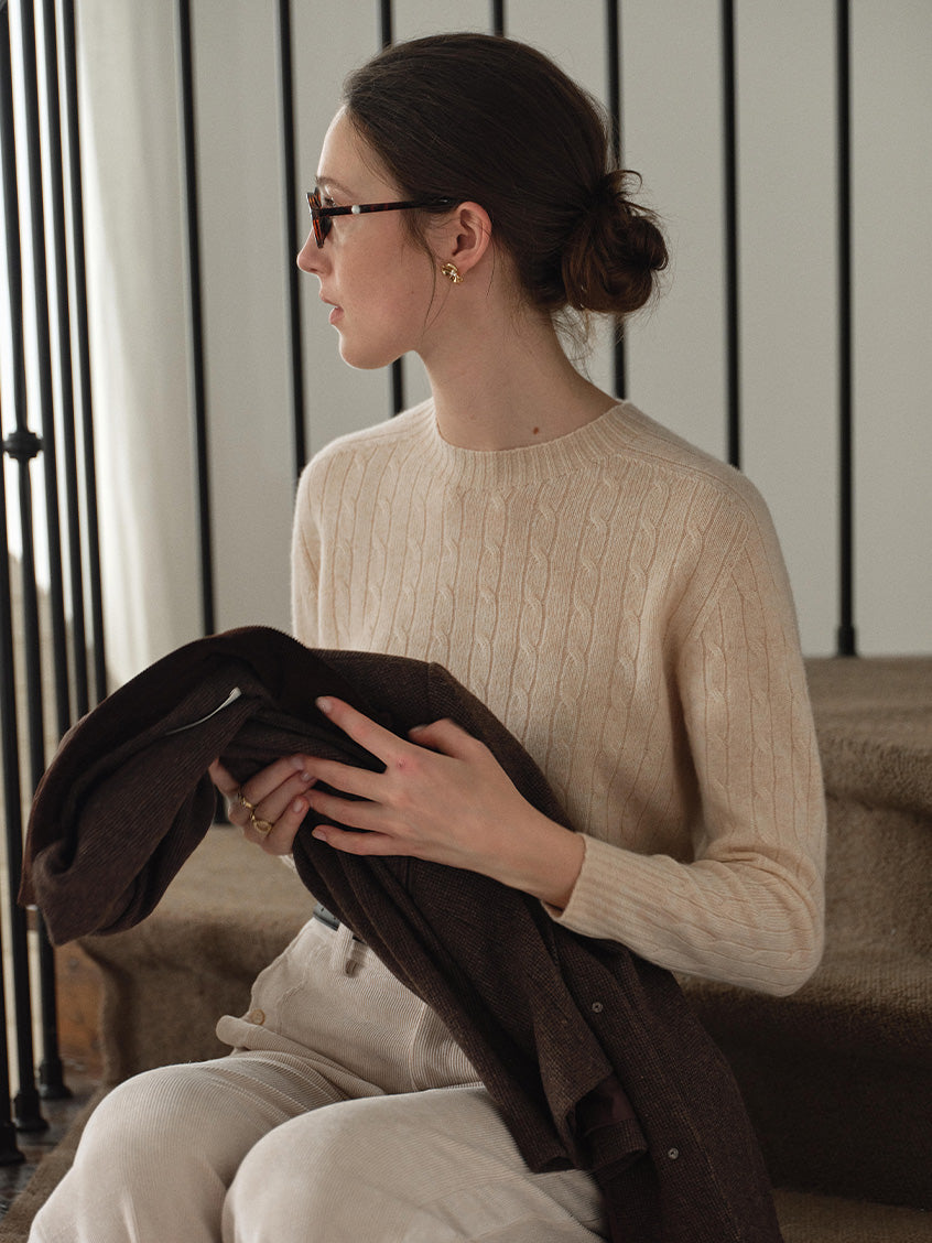 Shay Cable-Knit Lightweight Wool-Cashmere Sweater Beige