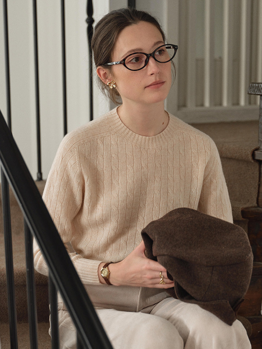 Shay Cable-Knit Lightweight Wool-Cashmere Sweater Beige
