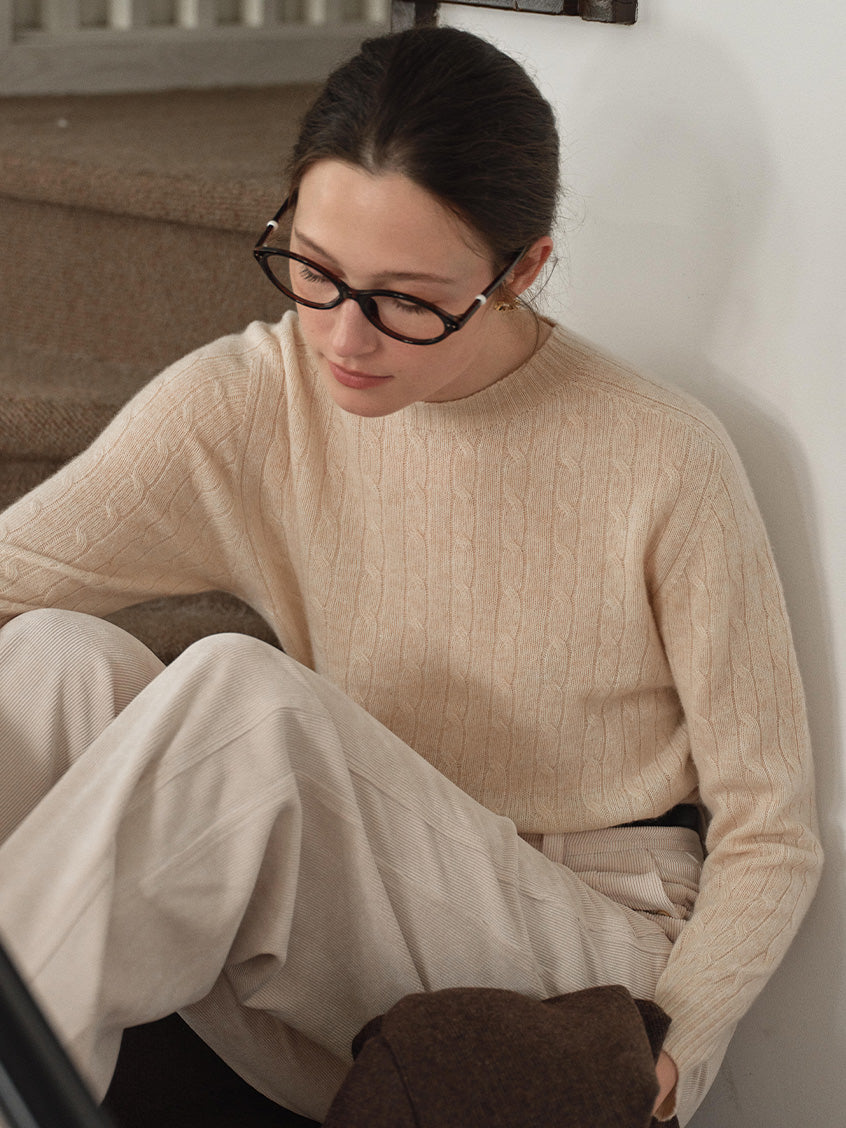 Shay Cable-Knit Lightweight Wool-Cashmere Sweater Beige