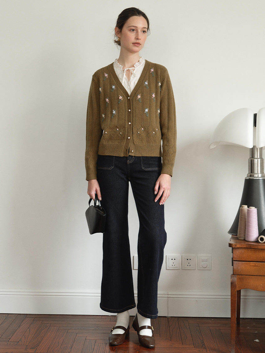 Lieve V-Neck Floral Embroidered Pointelle Cardigan