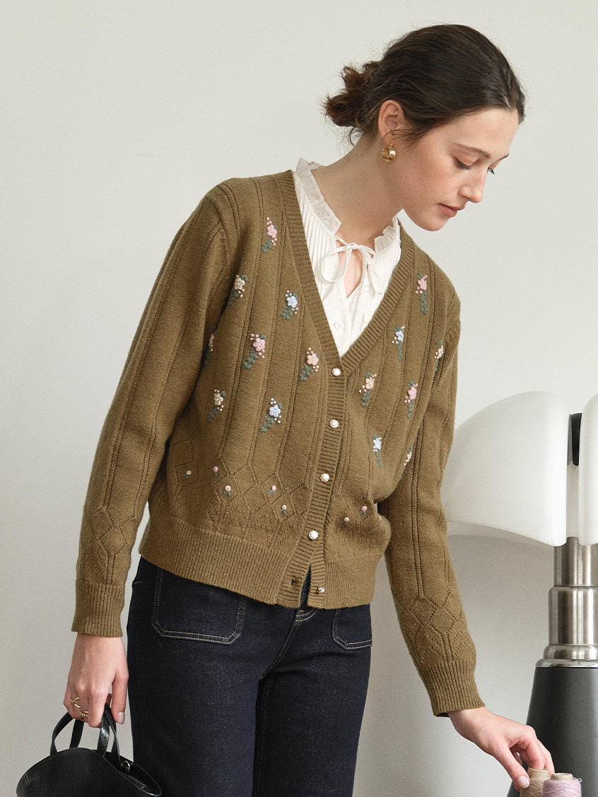 Lieve V-Neck Floral Embroidered Pointelle Cardigan