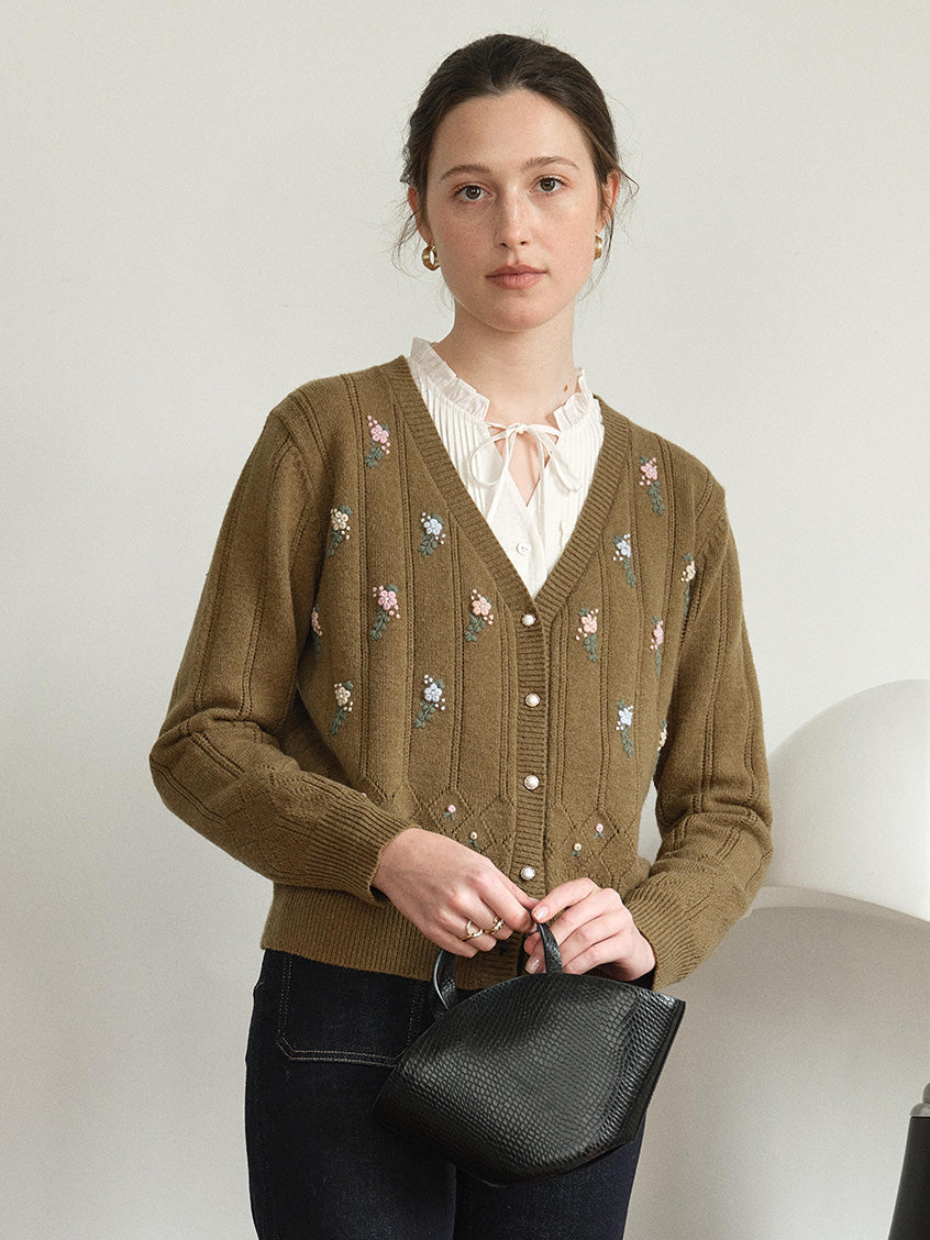 Lieve V-Neck Floral Embroidered Pointelle Cardigan
