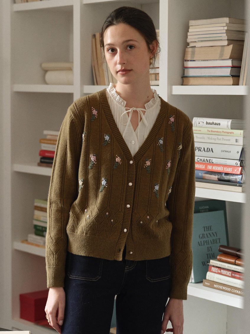 Lieve V-Neck Floral Embroidered Pointelle Cardigan