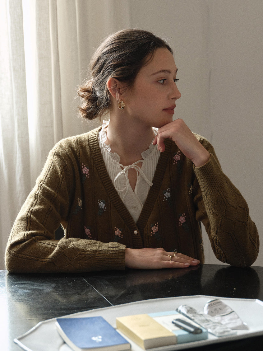 Lieve V-Neck Floral Embroidered Pointelle Cardigan