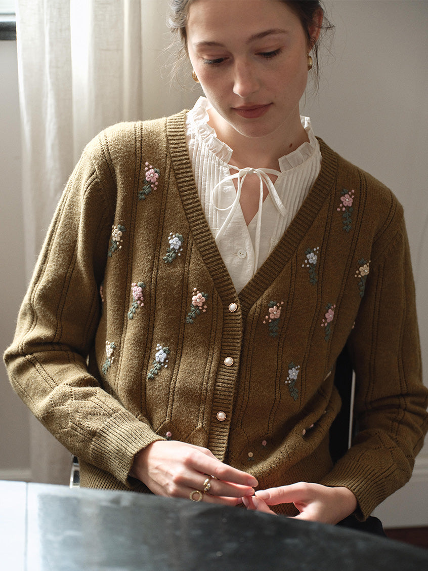 Lieve V-Neck Floral Embroidered Pointelle Cardigan
