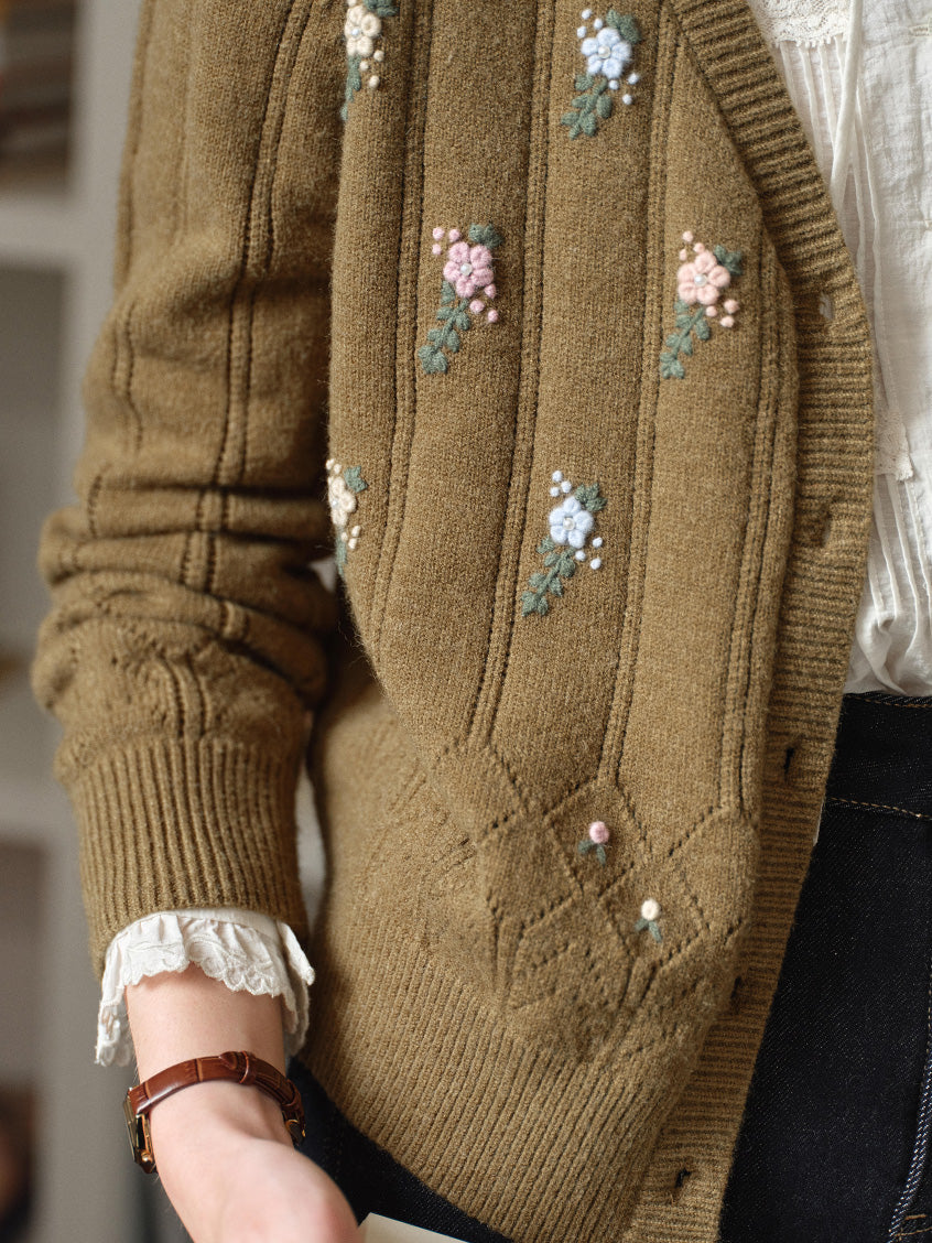 Lieve V-Neck Floral Embroidered Pointelle Cardigan