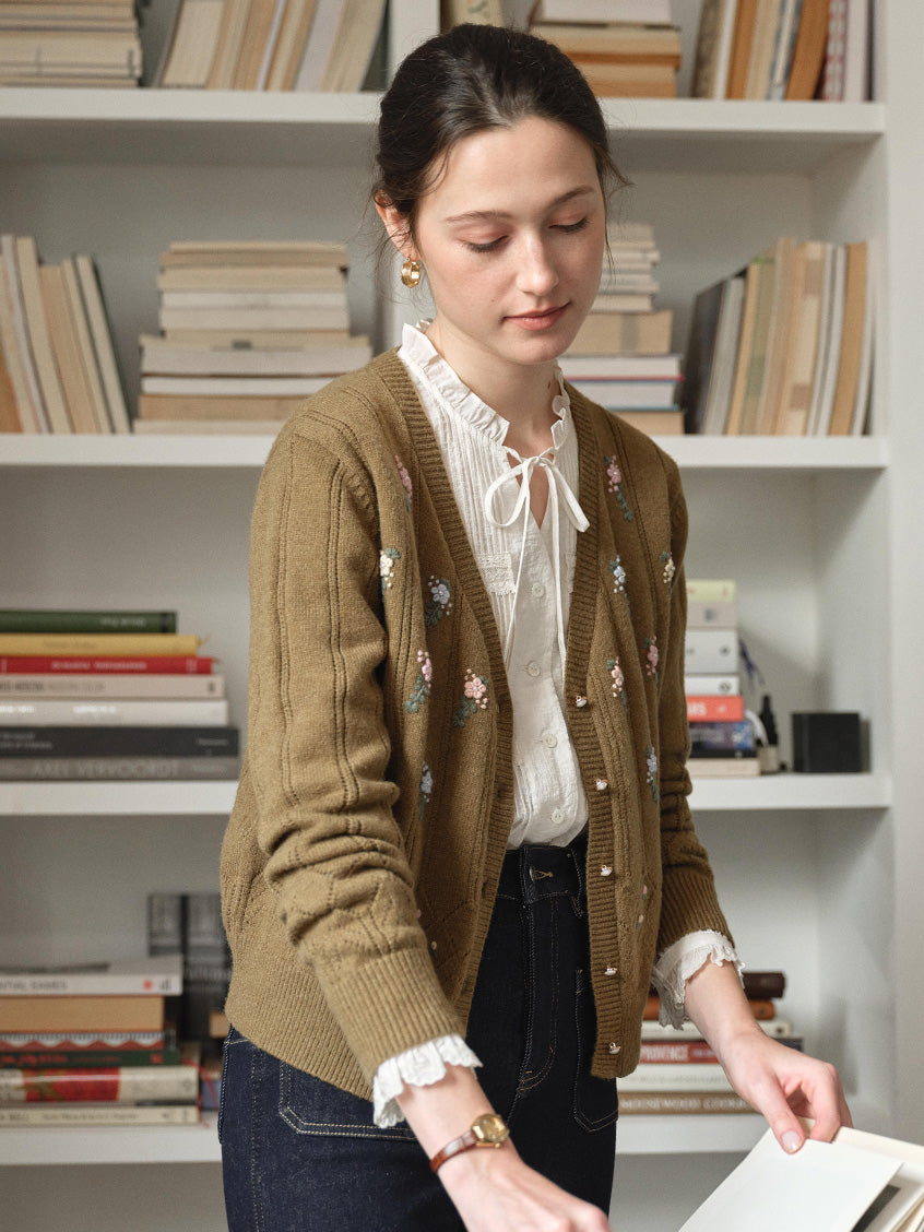 Lieve V-Neck Floral Embroidered Pointelle Cardigan