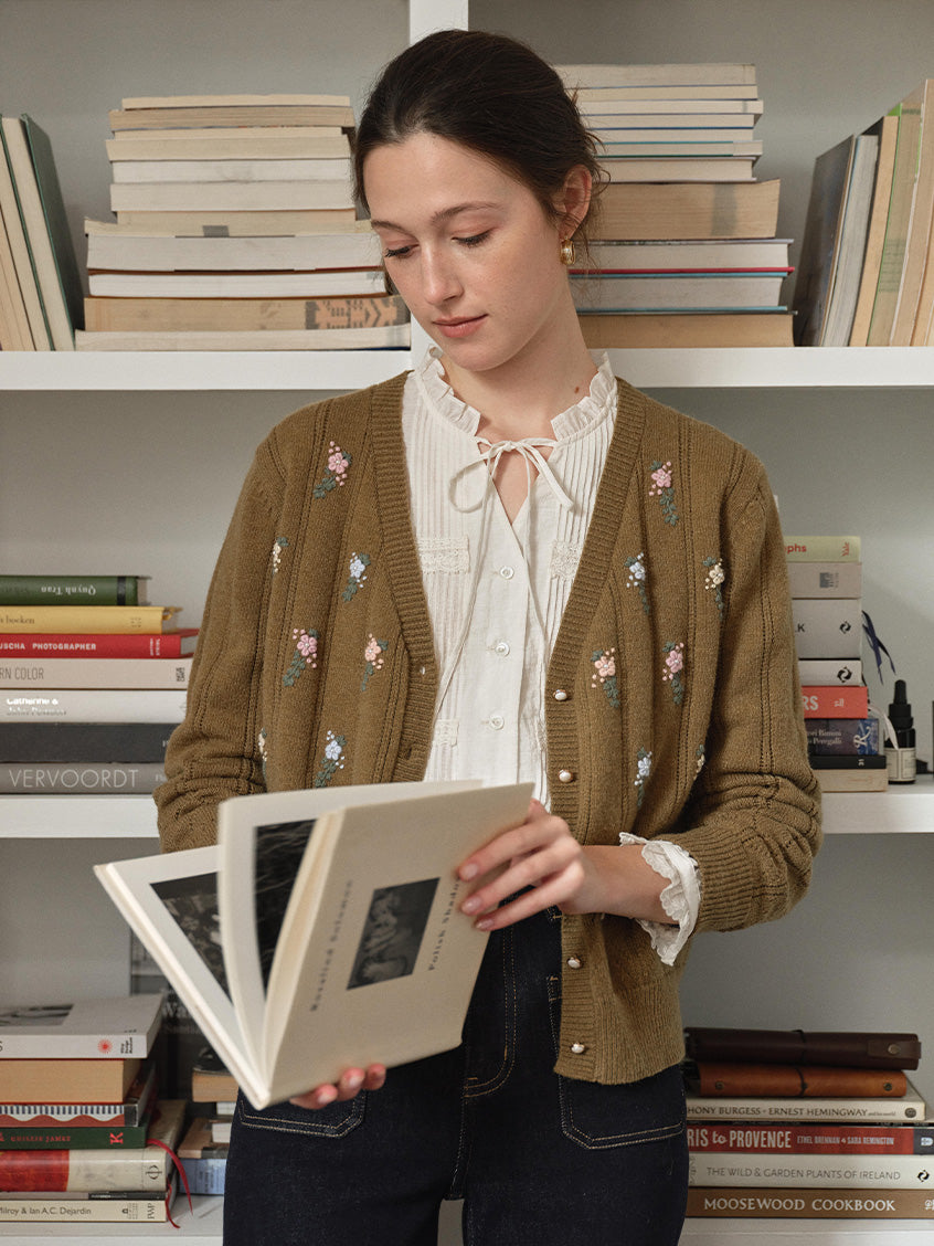 Lieve V-Neck Floral Embroidered Pointelle Cardigan