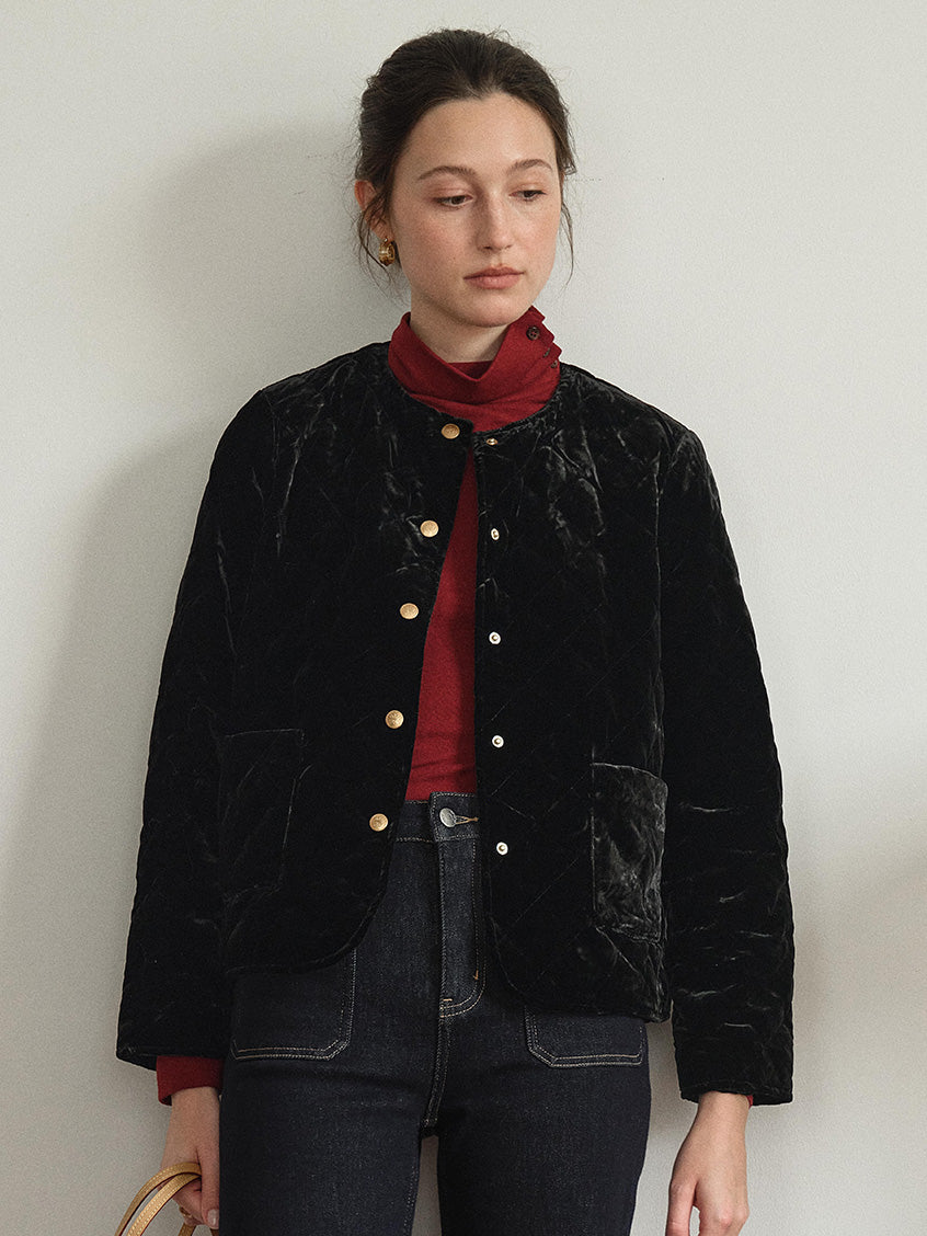 Desiree 100%Viscose Round Neck Velvet Short Coat