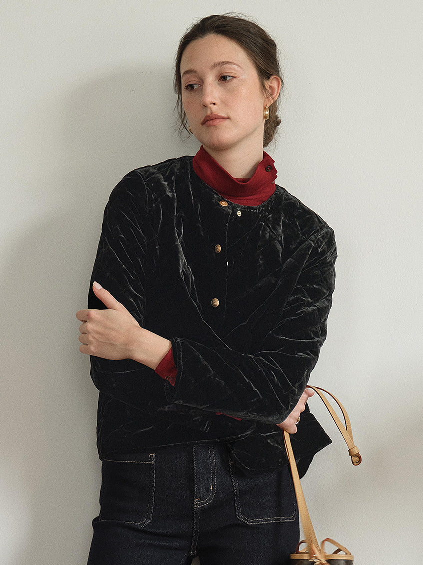 Desiree 100%Viscose Round Neck Velvet Short Coat