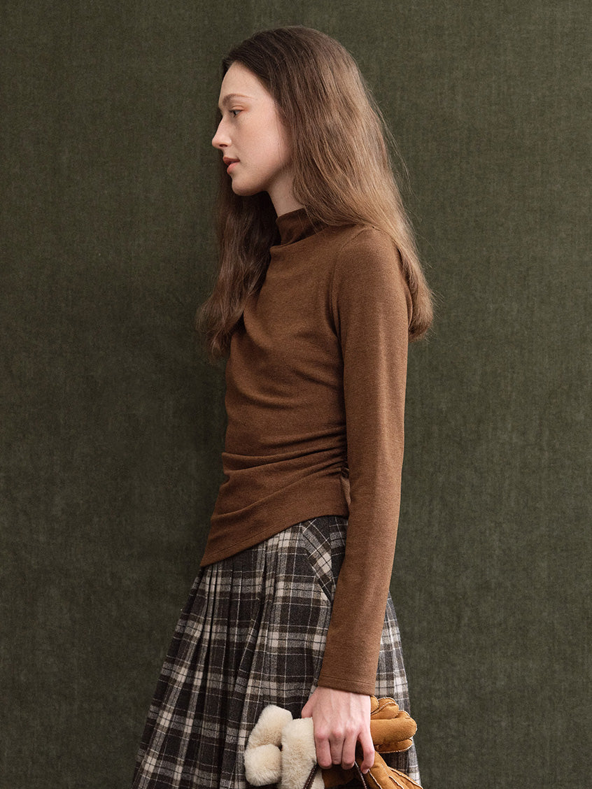 Izora All-Purpose Side-Ruched Mock-Neck Top Coffee Brown
