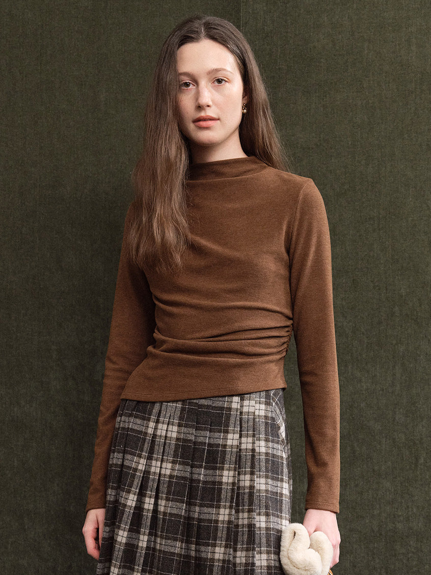 Izora All-Purpose Side-Ruched Mock-Neck Top Coffee Brown
