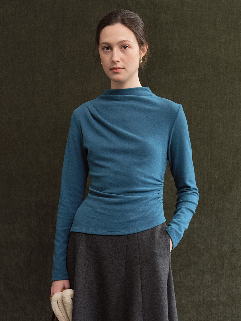 Izora All-Purpose Side-Ruched Mock-Neck Top blue