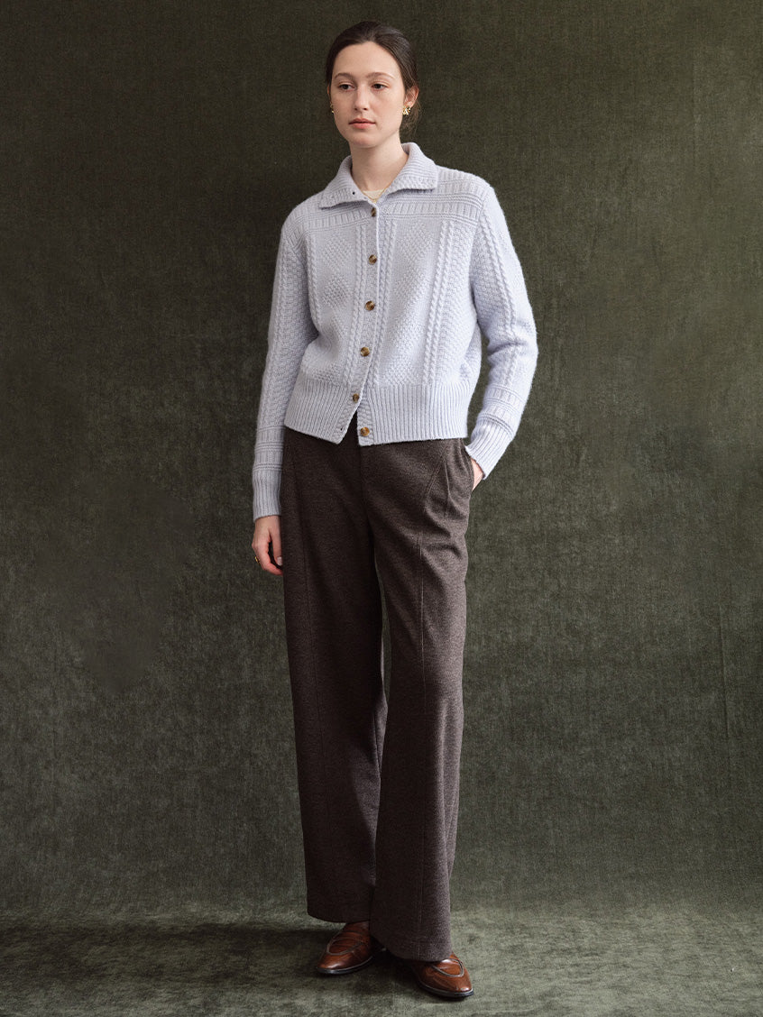 Emilie 100%Wool Johnny-Collar Gold-Button Cardigan