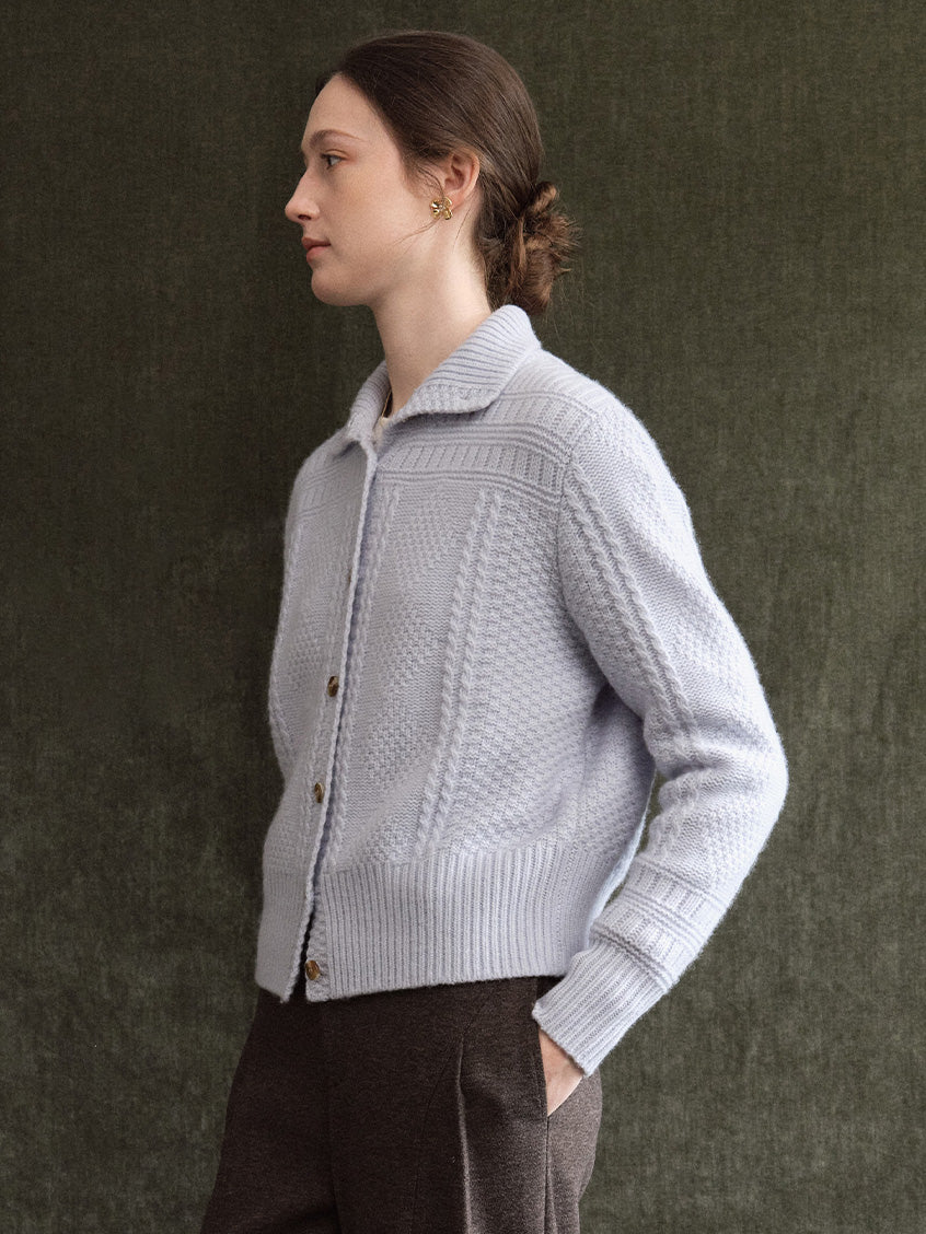 Emilie 100%Wool Johnny-Collar Gold-Button Cardigan
