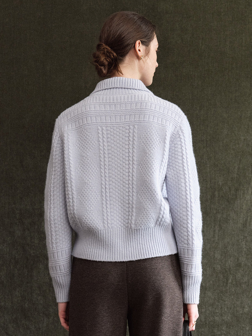 Emilie 100%Wool Johnny-Collar Gold-Button Cardigan