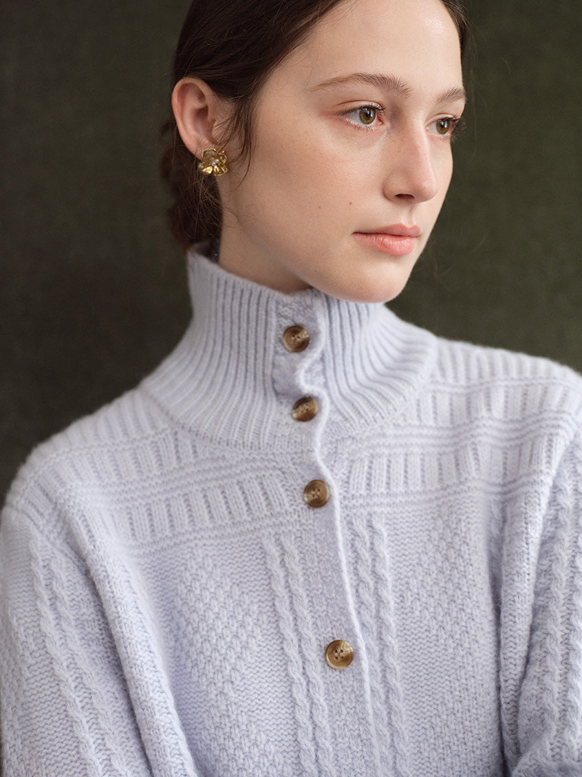 Emilie 100%Wool Johnny-Collar Gold-Button Cardigan