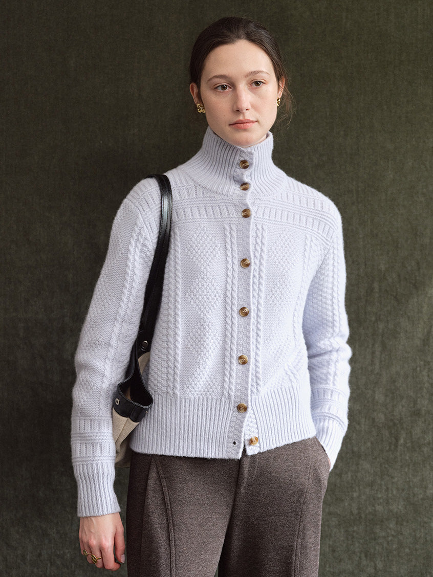 Emilie 100%Wool Johnny-Collar Gold-Button Cardigan