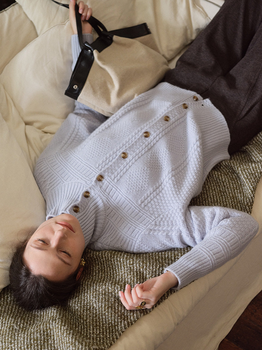 Emilie 100%Wool Johnny-Collar Gold-Button Cardigan