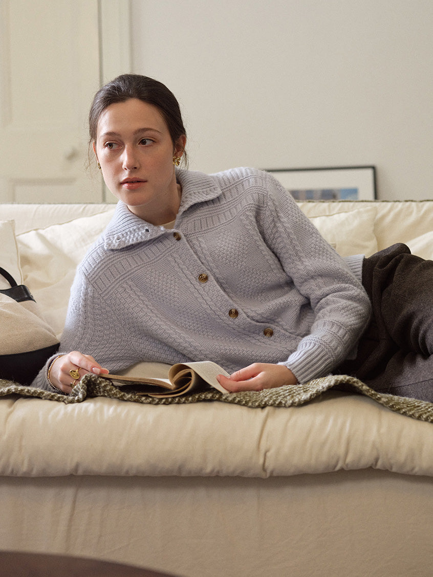 Emilie 100%Wool Johnny-Collar Gold-Button Cardigan