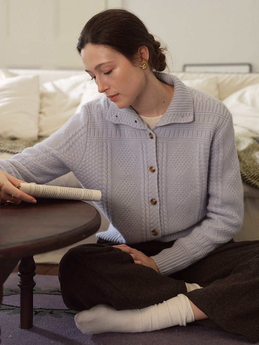 Emilie 100%Wool Johnny-Collar Gold-Button Cardigan
