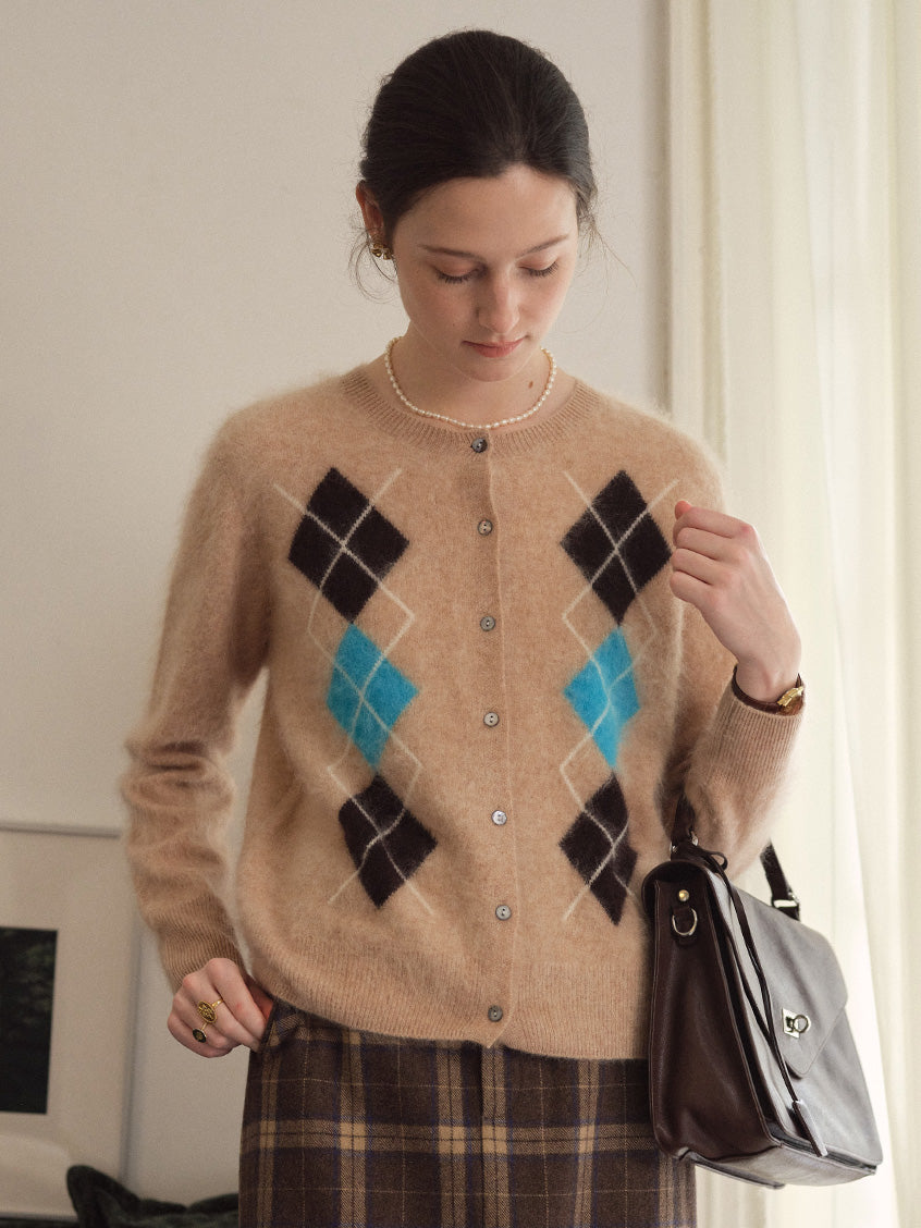 Domenica Brushed Argyle Wool-Cashmere Cardigan