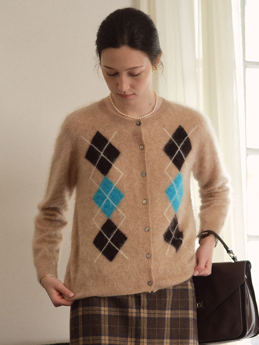 Domenica Brushed Argyle Wool-Cashmere Cardigan