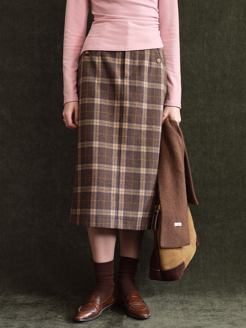 Charis Button-Front Plaid Wool-Blend Midi Skirt
