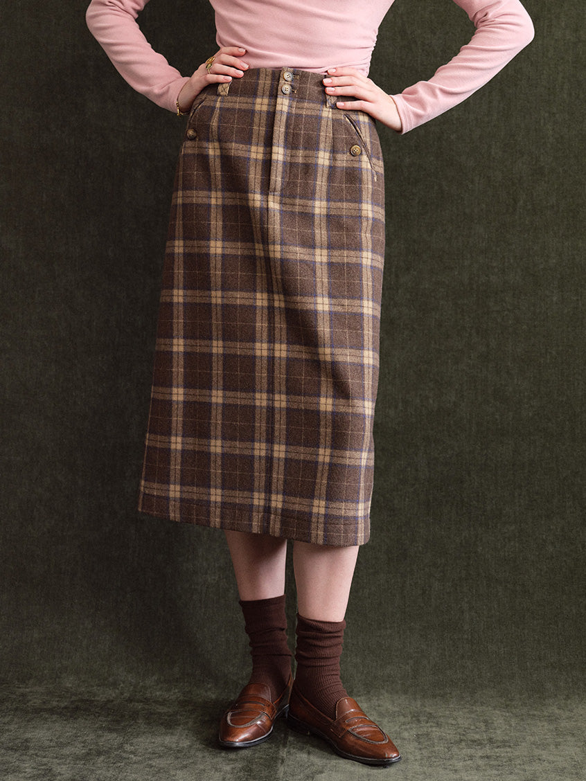 Charis Button-Front Plaid Wool-Blend Midi Skirt