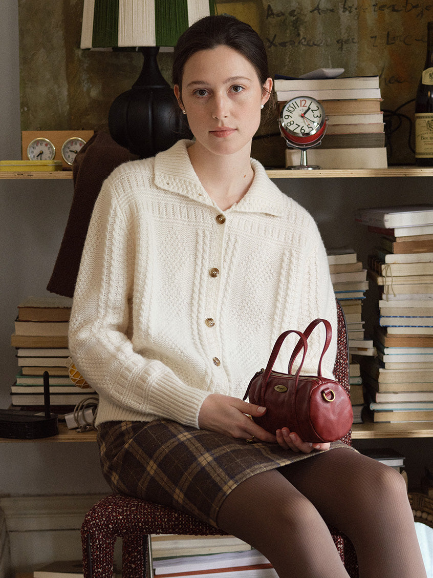 Emilie 100%Wool Johnny-Collar Gold-Button Cardigan