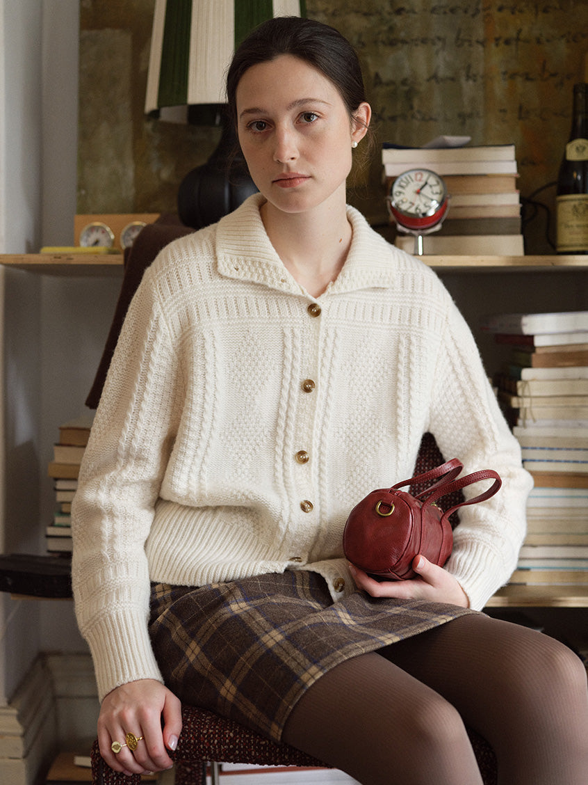 Emilie 100%Wool Johnny-Collar Gold-Button Cardigan