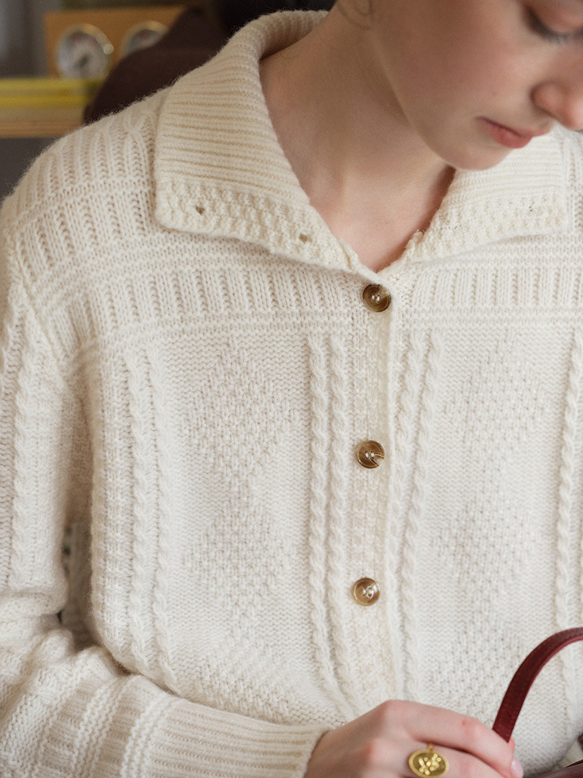 Emilie 100%Wool Johnny-Collar Gold-Button Cardigan