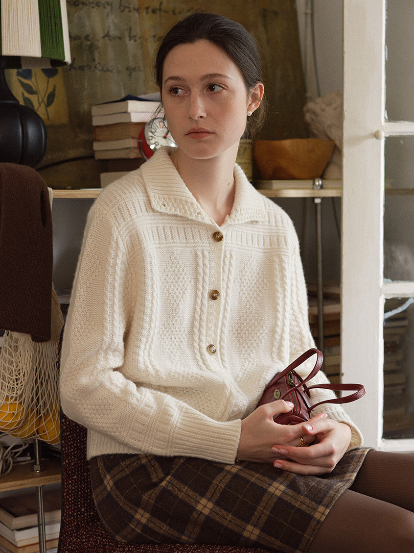 Emilie 100%Wool Johnny-Collar Gold-Button Cardigan