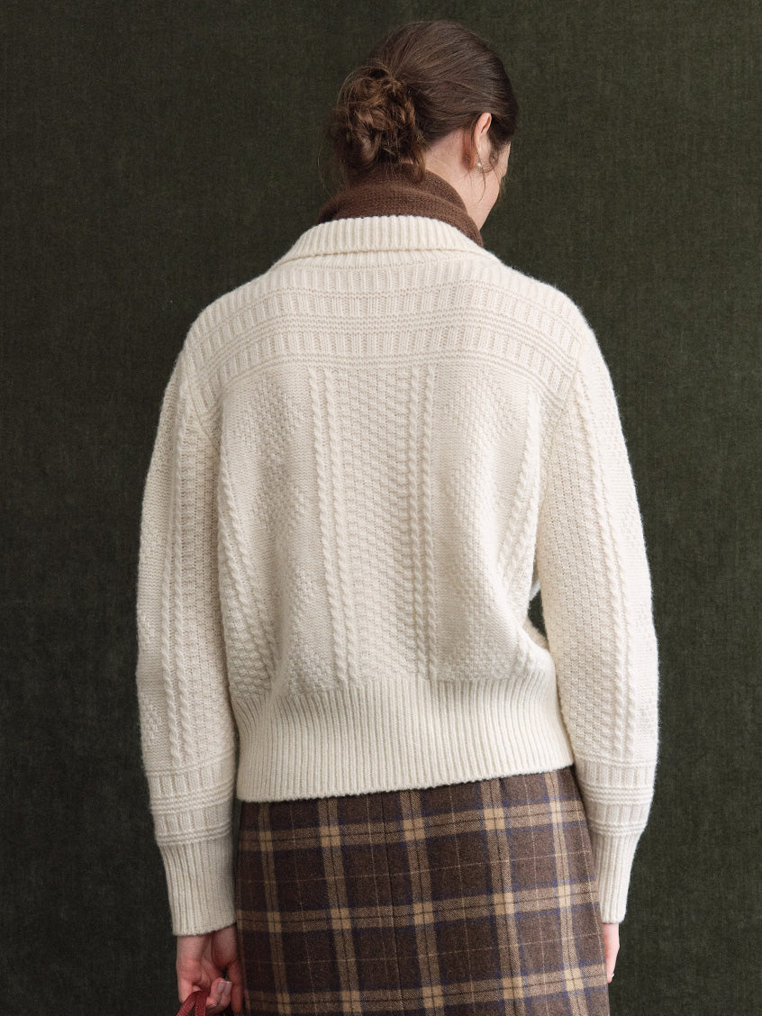 Emilie 100%Wool Johnny-Collar Gold-Button Cardigan