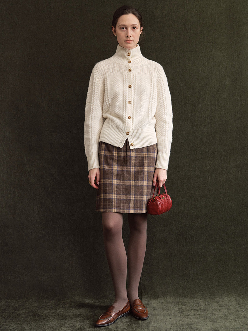 Emilie 100%Wool Johnny-Collar Gold-Button Cardigan