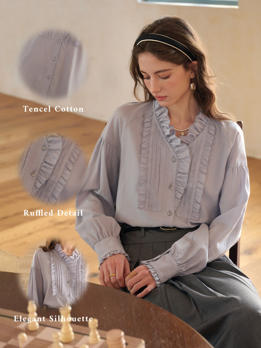 Henley Ruffle Collar Lyocell Blouse