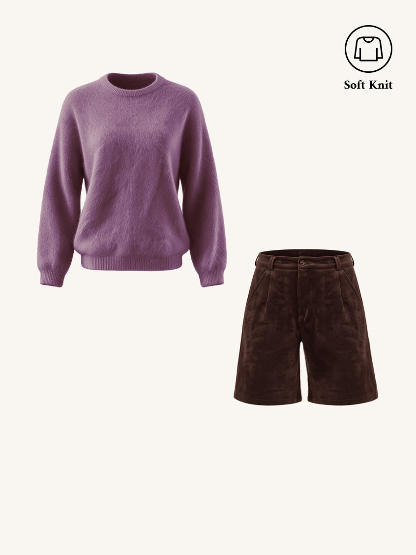 2Pcs Set Tru Cloud-Soft Wool Round Neck Sweater Taro Purple & Saanvi Classic All-Purpose Button Shorts