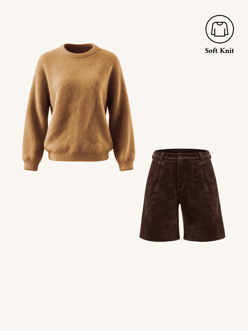 2Pcs Set Tru Cloud-Soft Wool Round Neck Sweater Tangerine Yellow & Saanvi Classic All-Purpose Button Shorts