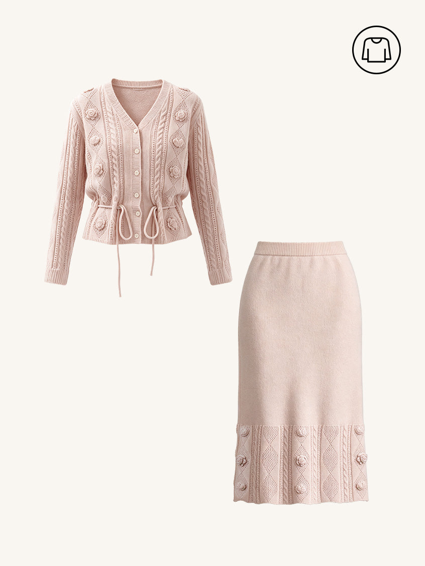 2Pcs Set Lusa V-Neck Tie Waist Floral Embroidery Knit Cardigan&Lusa Floral Embroidery Knit Midi Skirt