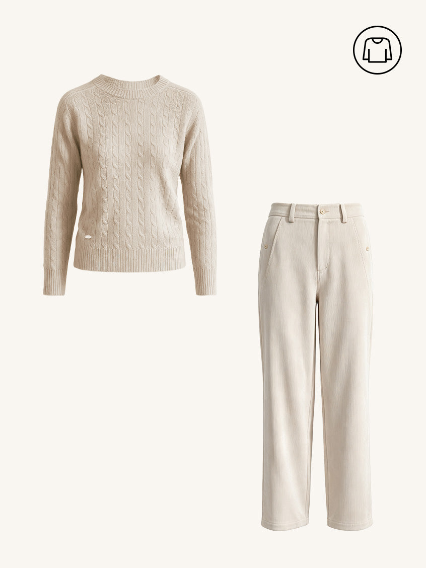 2Pcs Set Shay Cable-Knit Lightweight Wool-Cashmere Sweater&Ghislaine High-Waisted Wide-Leg Trousers