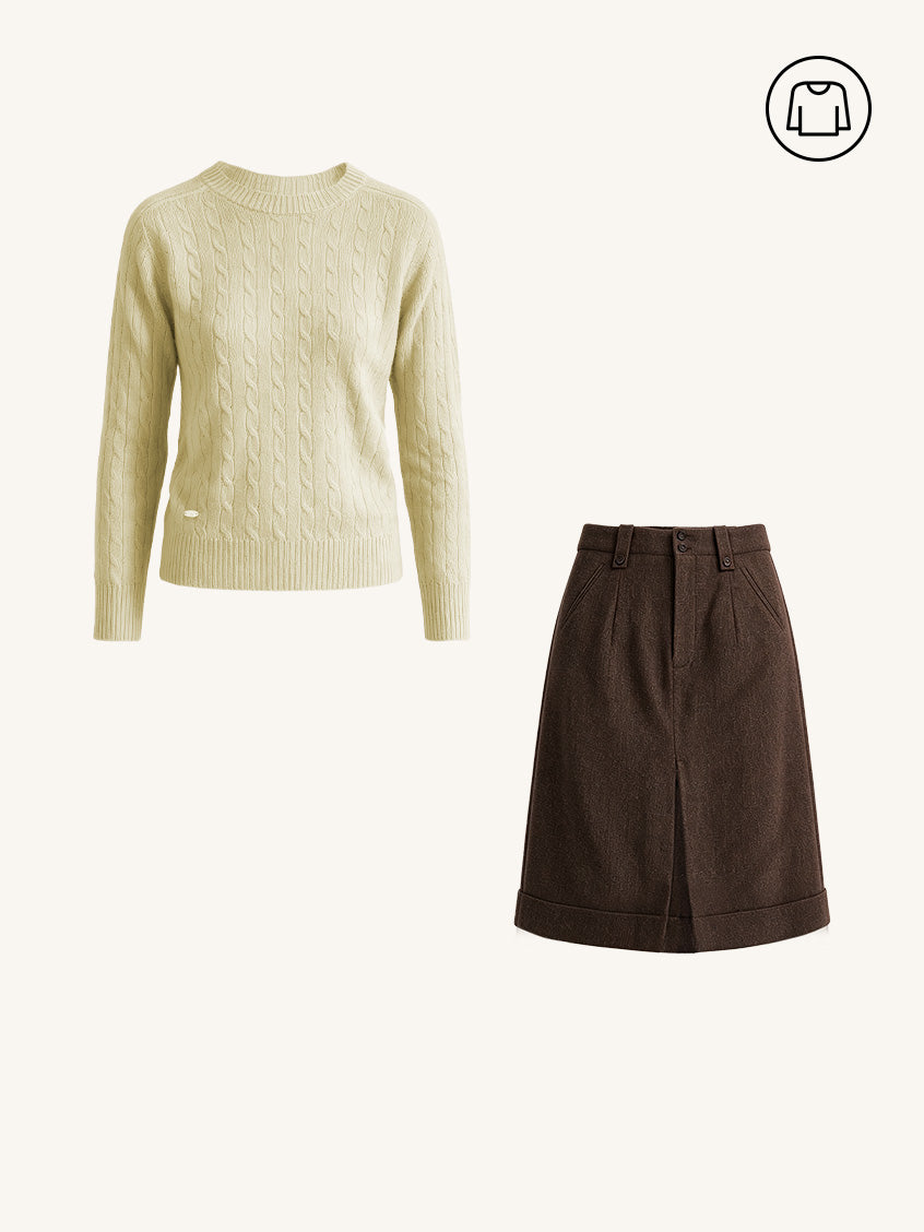 2Pcs Set  Shay Cable-Knit Lightweight Wool-Cashmere Sweater& Zeta Pocket Button Front-Slit A-Line Midi Skirt