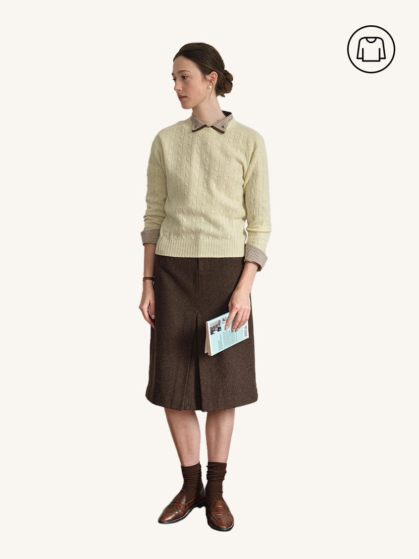 2Pcs Set  Shay Cable-Knit Lightweight Wool-Cashmere Sweater& Zeta Pocket Button Front-Slit A-Line Midi Skirt