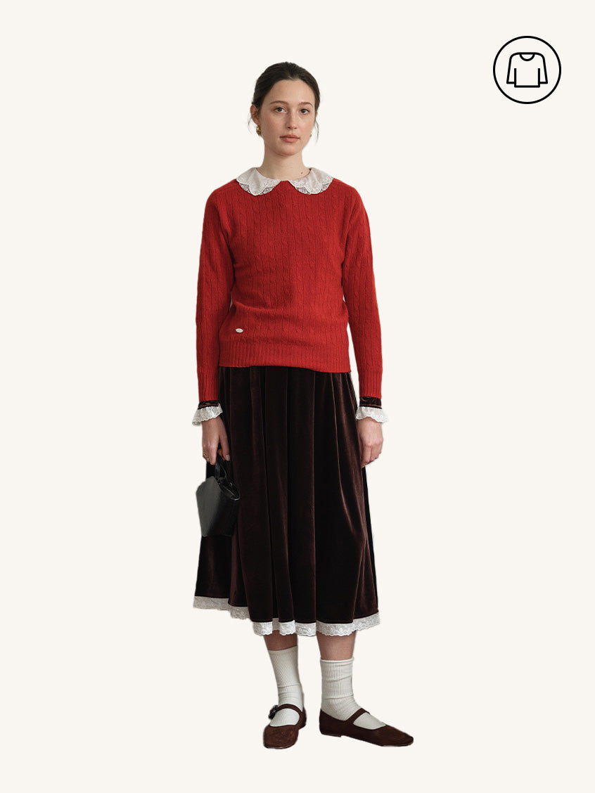 2Pcs Set Shay Cable-Knit Lightweight Wool-Cashmere Sweater&Carlota Lace Hem Pocket Velvet Midi Skirt