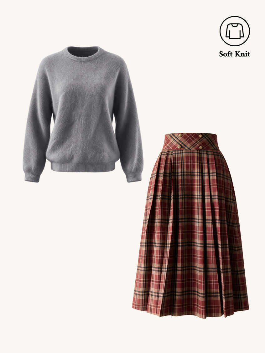 2Pcs Set Tru Cloud-Soft Wool Round Neck Sweater Flowers Grey & Georgina A-Line Plaid Skirt