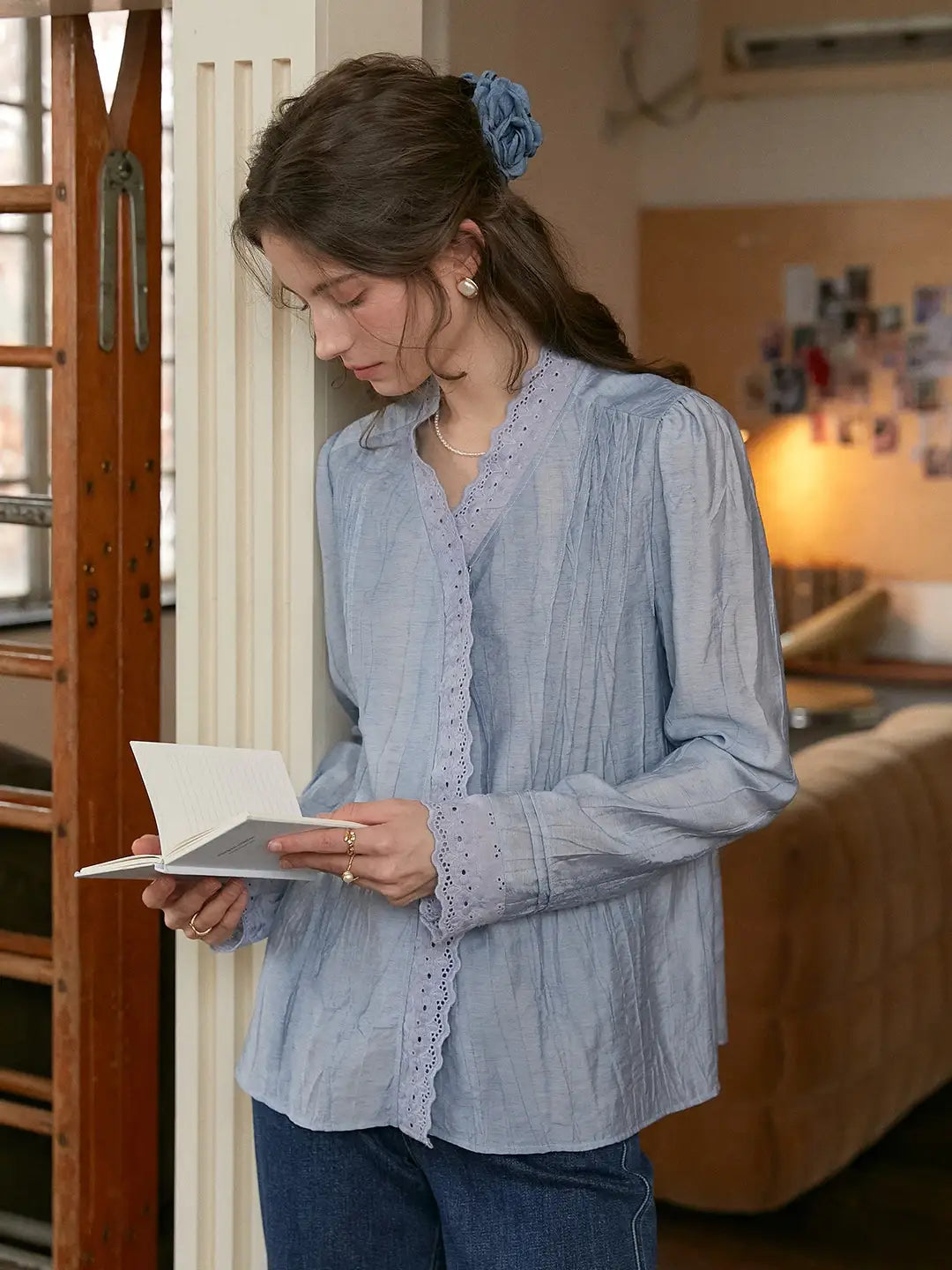 Allyson V-Neck Lace Cotton Blouse